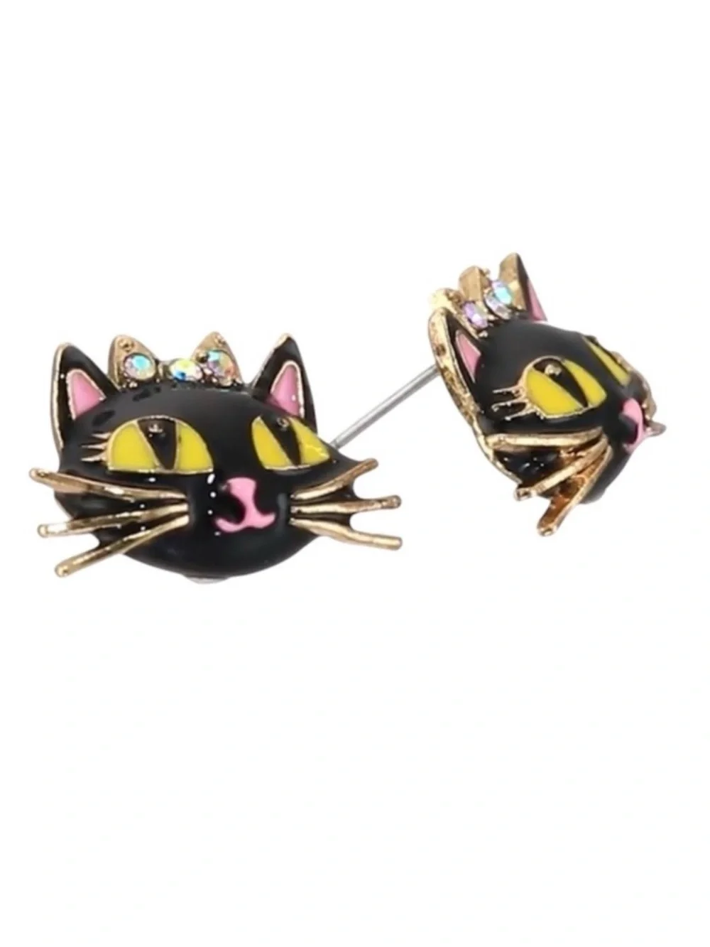 Betsey Johnson Black Cat Crystal Crown Stud Earrings NWT Gold Tone